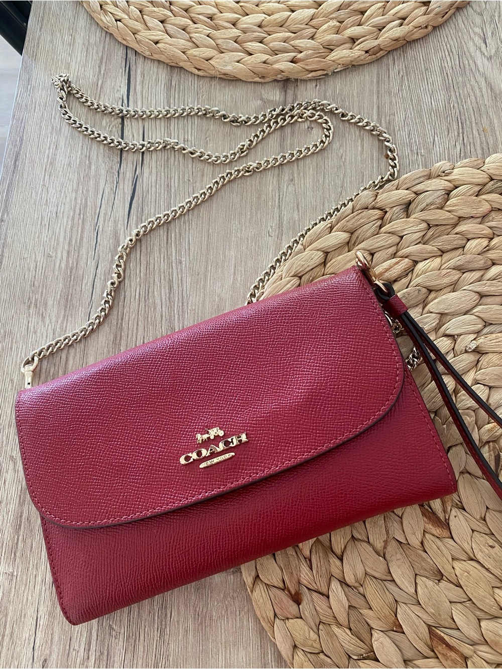 Coach Red Pebbled Leather Crossbody with Gold Chain